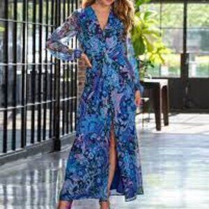 Boston Proper Knightsbridge Fluers print shimmer front slit maxi dress sz 10